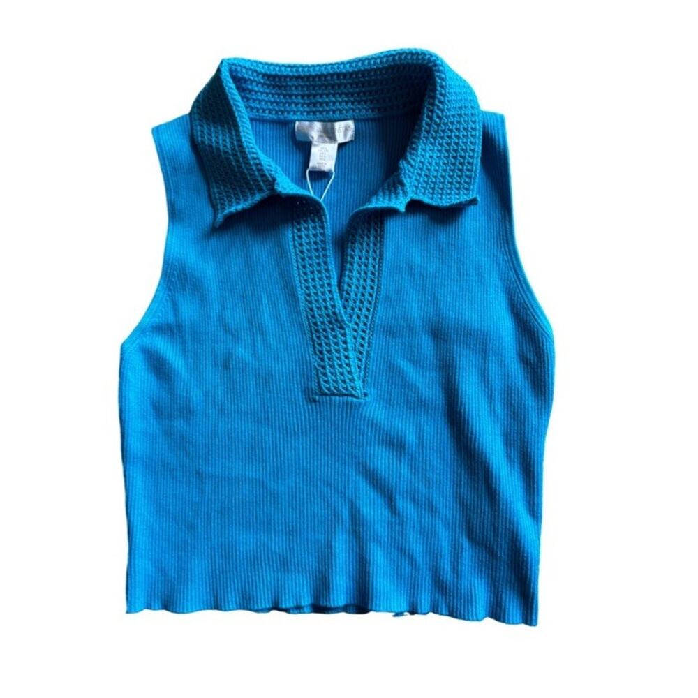 Caroline Constas Vest Blue Size Large Cropped Knit Bright New Ribbed V Neck NEW